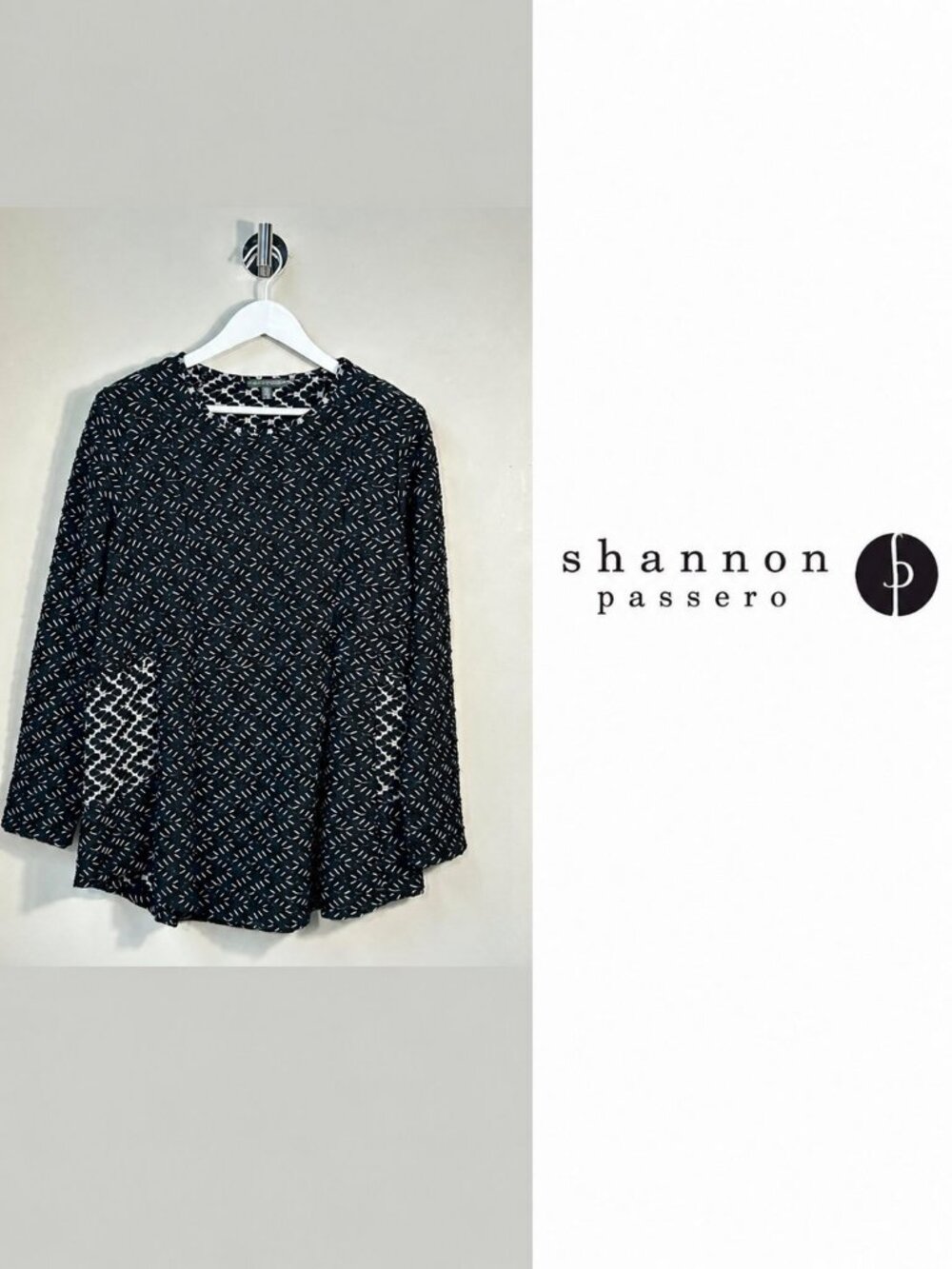 Shannon Passero Women’s Large Black White Textured Tunic Top Long Sleeve Pockets